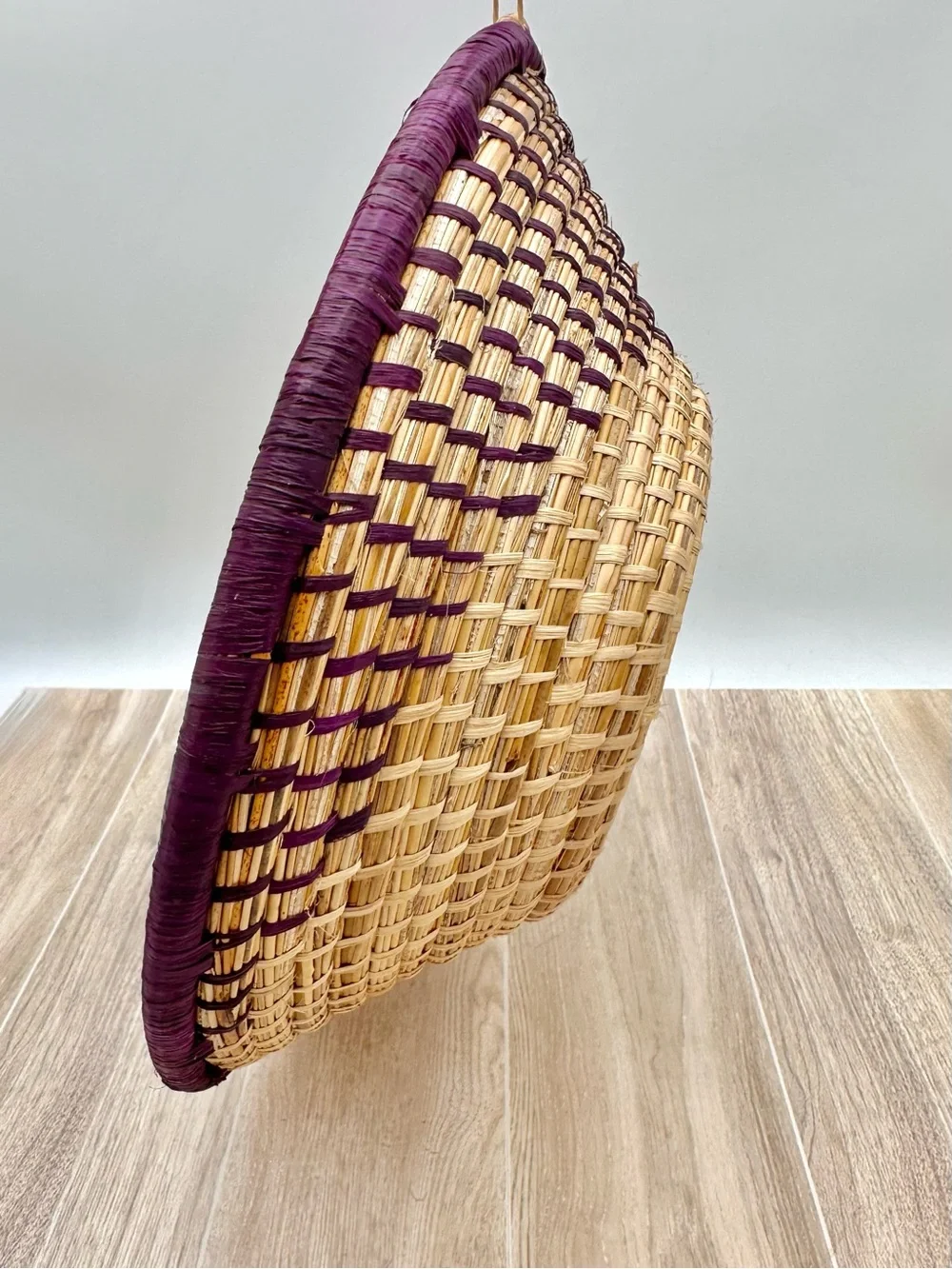 Handmade Woven Purple Sweet Grass Spiral Coiled Basket Bowl Wall Hang Decor 12”